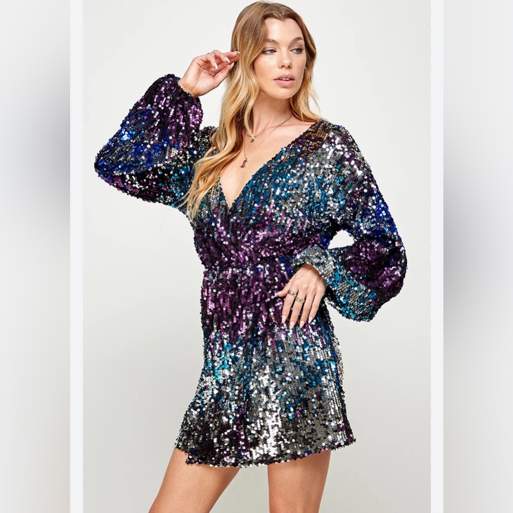 Lizzie’s Boutique Sequin Mini Dress Medium Disco Glam Party Dress Vegas Style